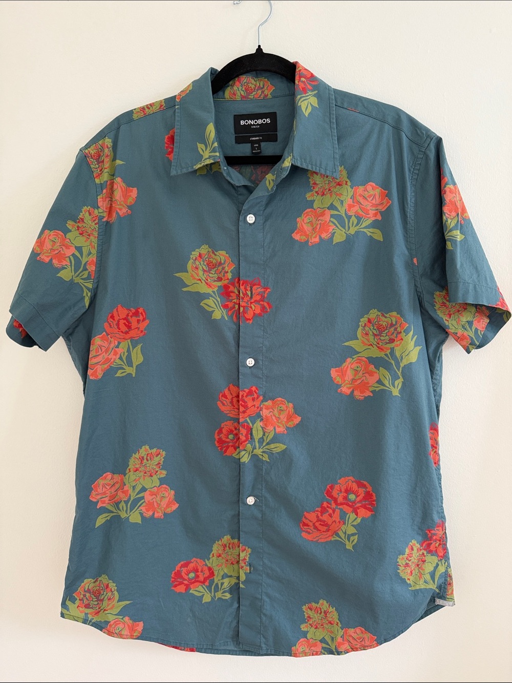 Bonobos Teal Floral Short-Sleeve Button-Down Shirt with Red Flowers Large Long